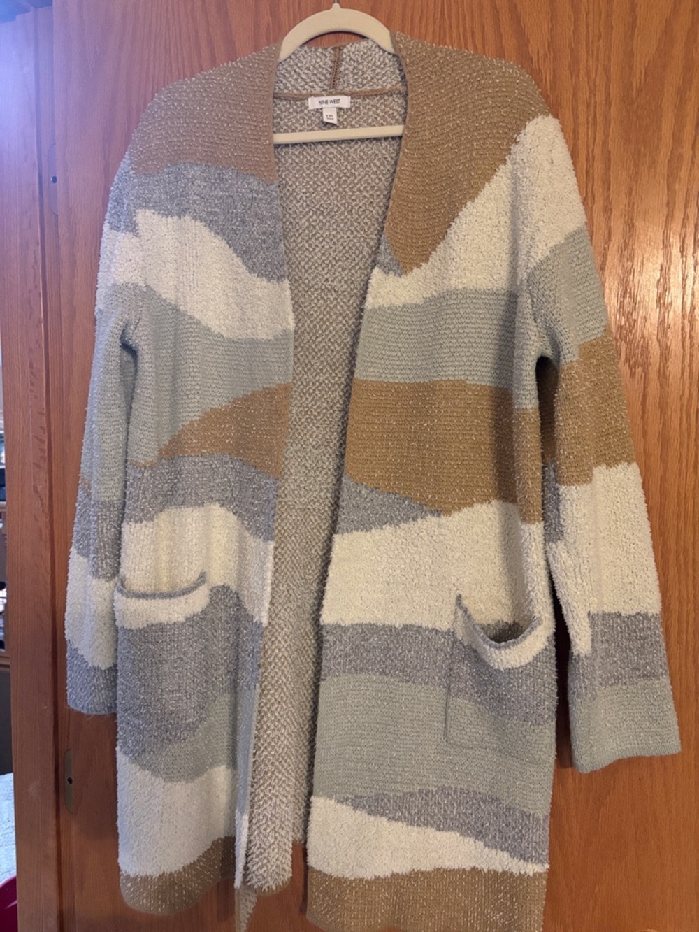 Nine West Long Open-Front Striped Cardigan in Cream, Light Blue & Tan